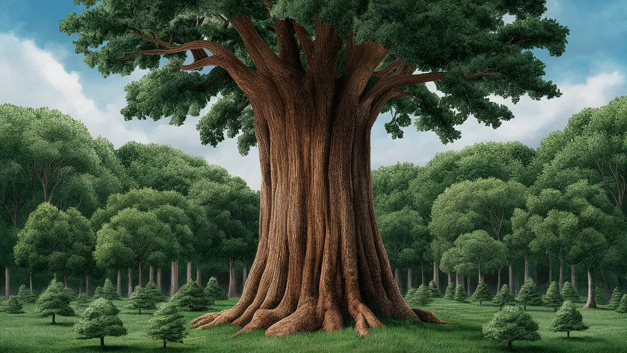 Carvalho alto e antigo no centro de uma floresta cercado por mudas menores sob um céu azul claro.