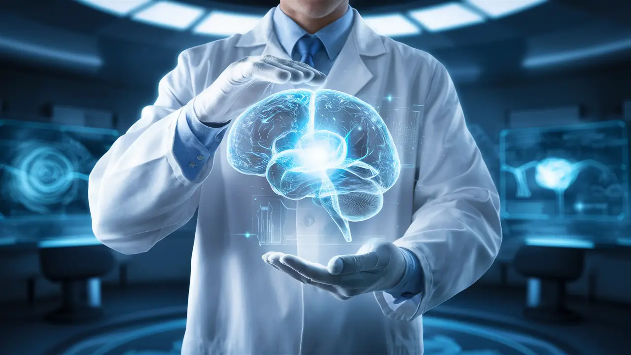 Cientista segurando holograma de cérebro brilhante em laboratório futurista com telas digitais.