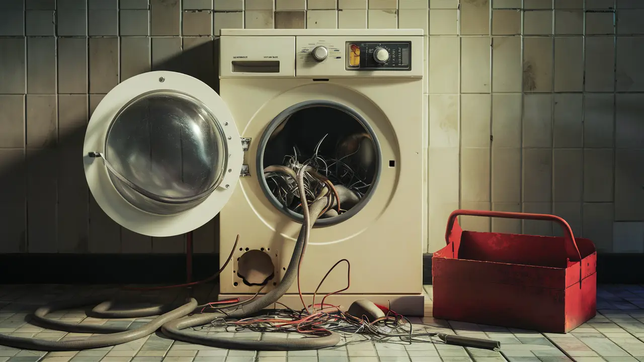 Máquina de lavar antiga com painel aberto mostrando mangueira emaranhada e fios soltos, com caixa de ferramentas ao lado.