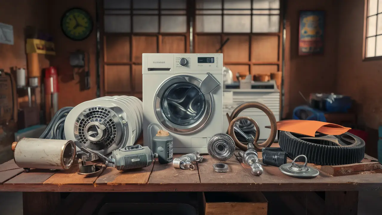 Peças de máquina de lavar em uma bancada de madeira em uma garagem bem iluminada.