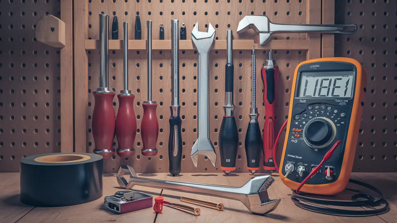 Conjunto de ferramentas essenciais para reparos em bancada de madeira com chave inglesa, chaves de fenda e multímetro digital.