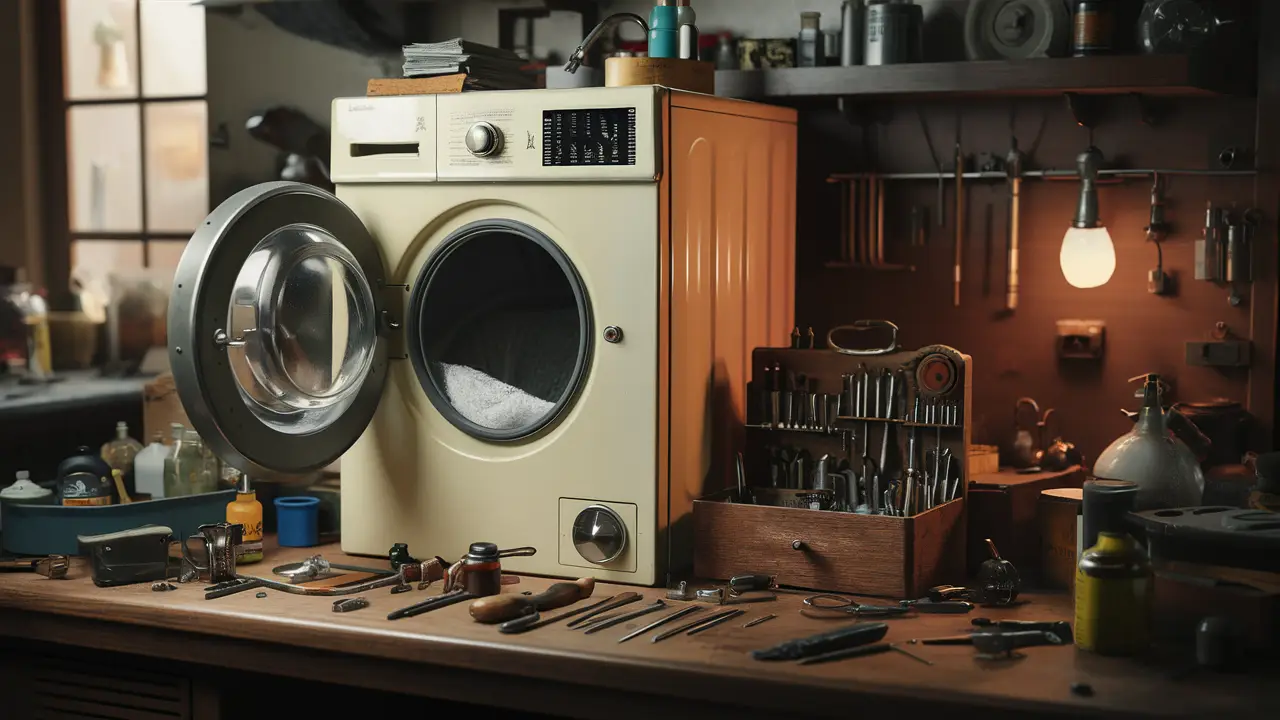 Máquina de lavar antiga com painel aberto e ferramentas organizadas ao lado em uma bancada de madeira.