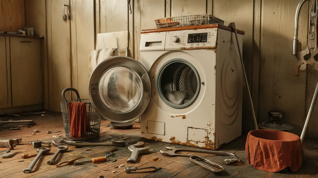 Máquina de lavar antiga desmontada em lavanderia com ferramentas espalhadas no chão de madeira gasto.