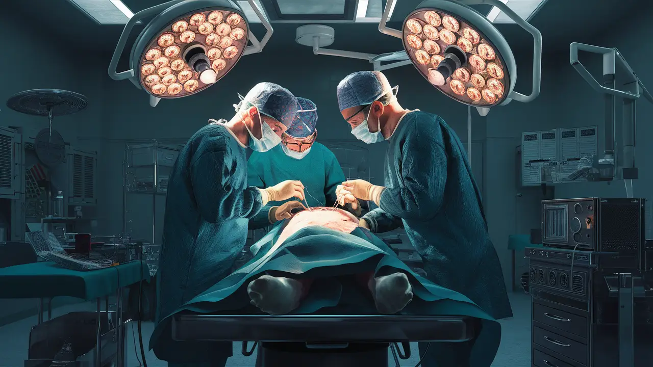 Cirurgiões realizando cirurgia metabólica em paciente em mesa cirúrgica com equipamentos médicos e luzes acima.
