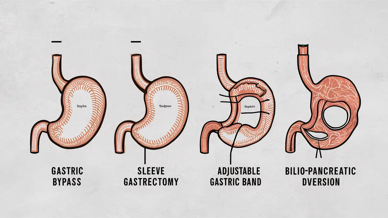 Diagrama detalhado mostrando quatro tipos de cirurgia metabólica em estômagos humanos.