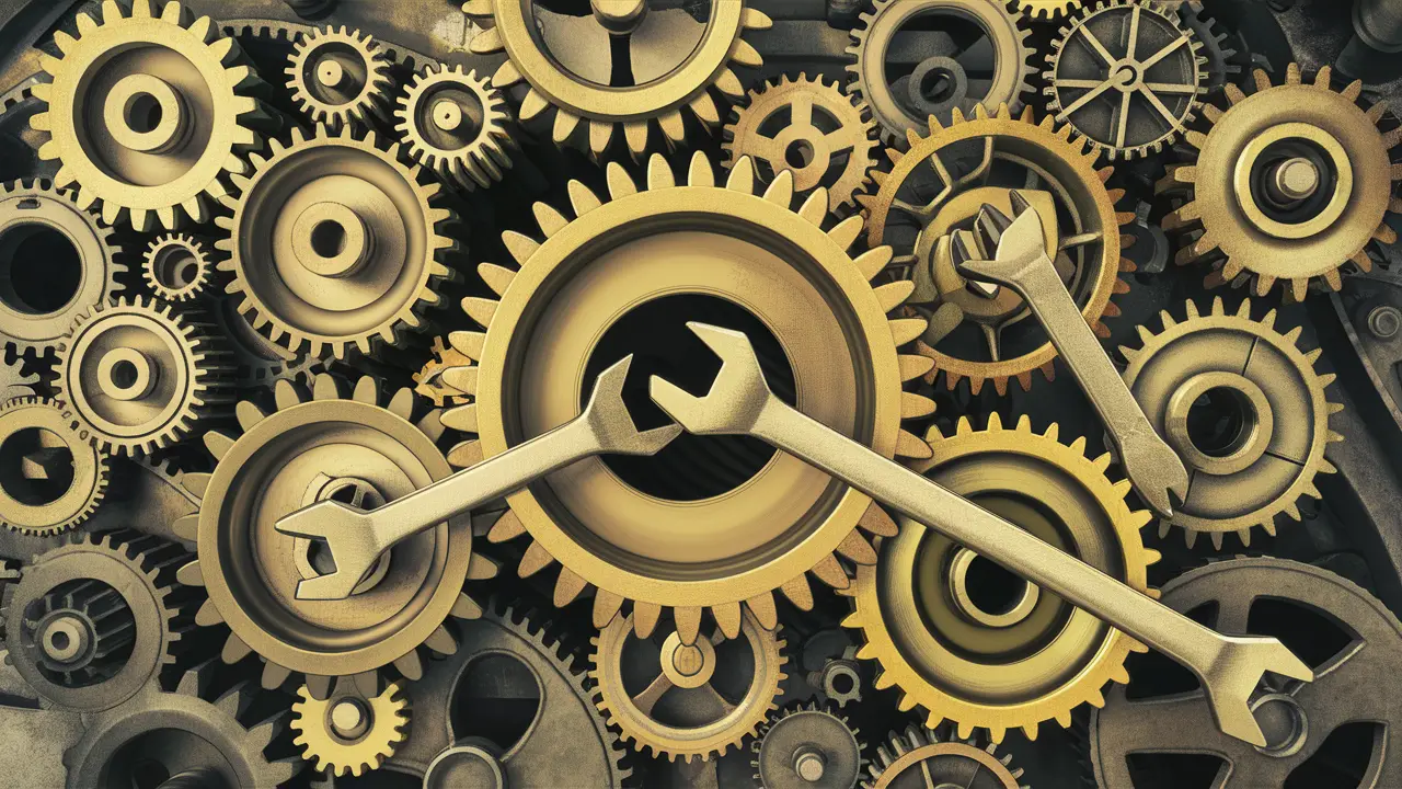 Mechanical gears and cogs with wrenches causing jams, illustrating bottlenecks in a system.