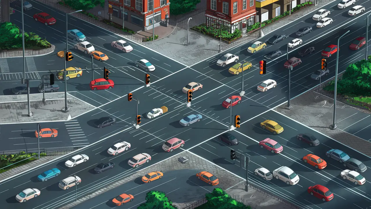 Busy city intersection with cars moving smoothly through synchronized traffic lights.