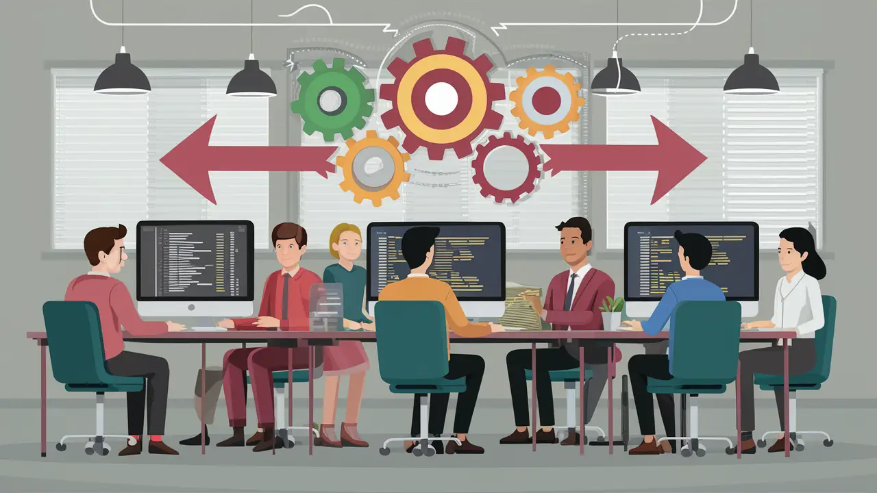Engineers at desks with computers and symbols representing asynchronous processing in an office setting.