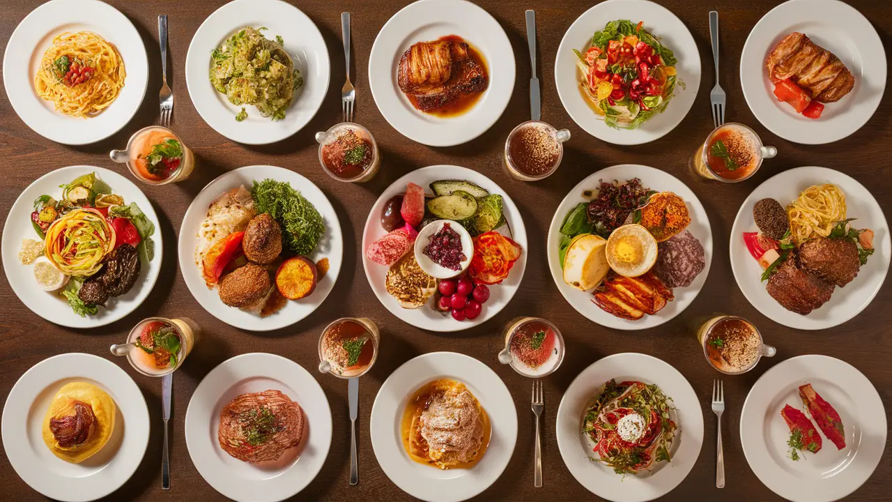 Vinte e cinco pratos variados de comida colorida em mesa de madeira, incluindo massas, saladas, vegetais e sobremesas.