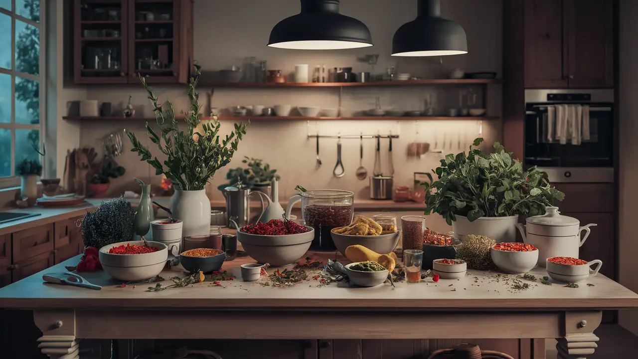 Ingredientes coloridos e organizados em tigelas sobre uma bancada de madeira clara em uma cozinha.