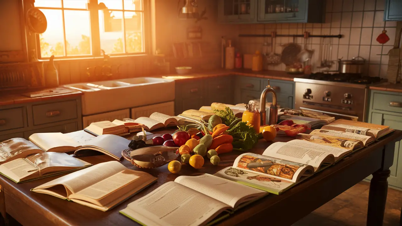 Cozinha acolhedora com mesa de madeira coberta por livros de receitas abertos e vegetais frescos sob luz solar.