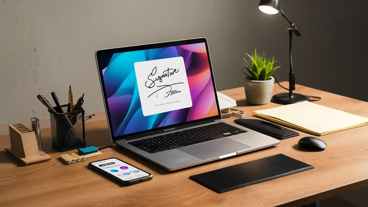Mesa de escritório com laptop exibindo interface de assinatura digital e smartphone com aplicativo de segurança.