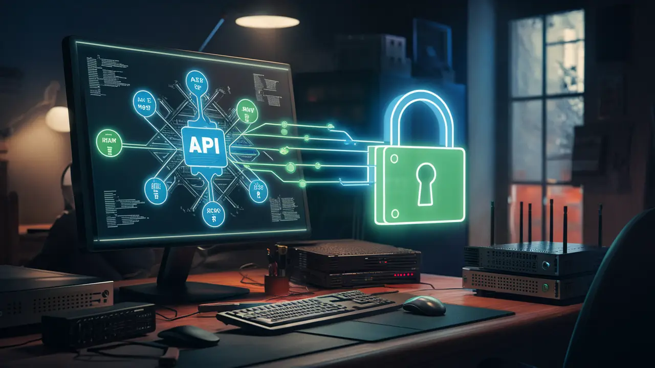 Network diagram on monitor with secure API nodes and padlock icon, surrounded by routers and servers on a desk.