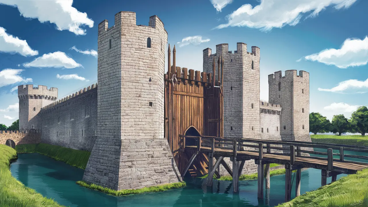 Medieval castle with stone walls and drawbridge over moat, set against blue sky with clouds.