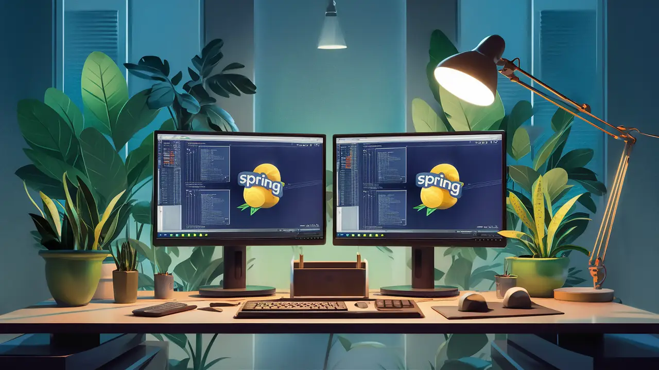 Computer desk with dual monitors showing Spring Boot IDE, with plants and a desk lamp, creating a focused workspace.