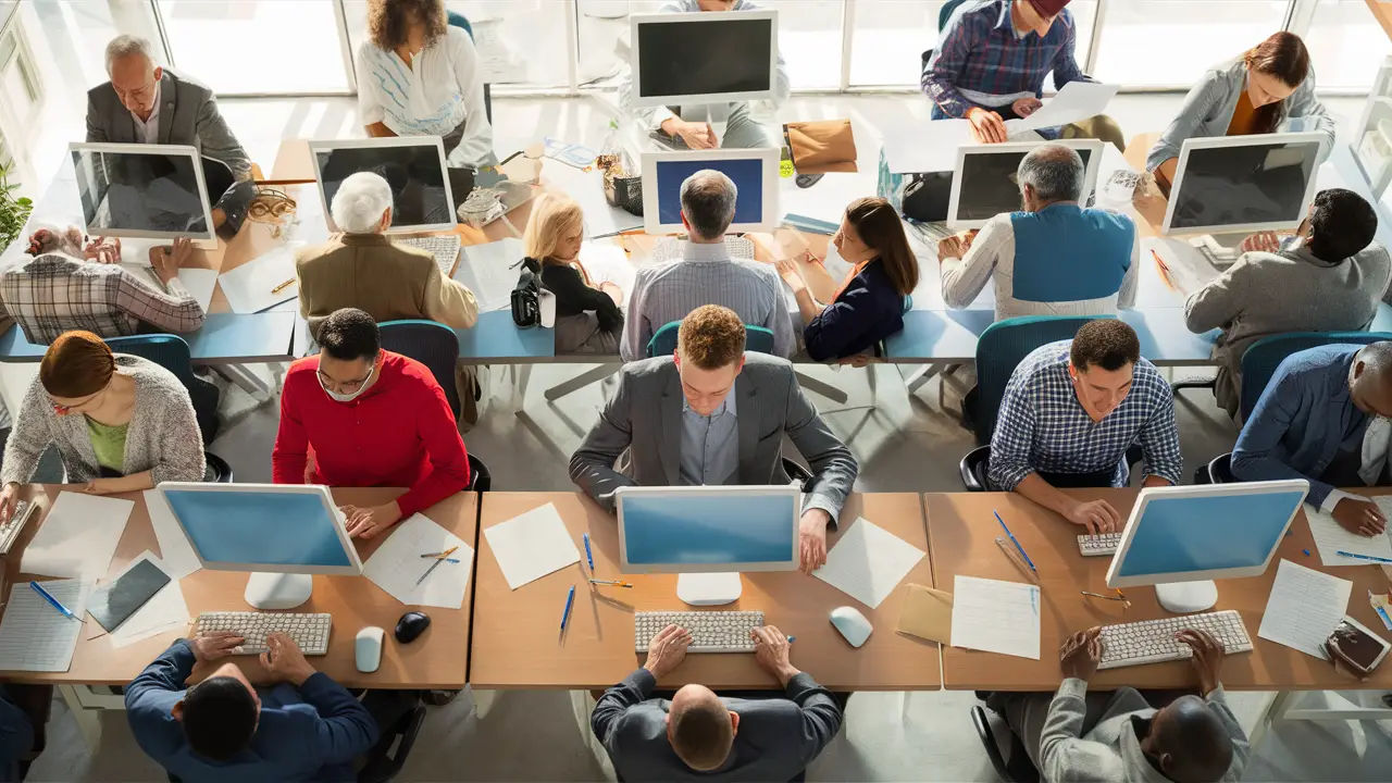Pessoas diversas em um escritório, concentradas em pesquisas online em computadores, com papéis e canetas nas mesas.
