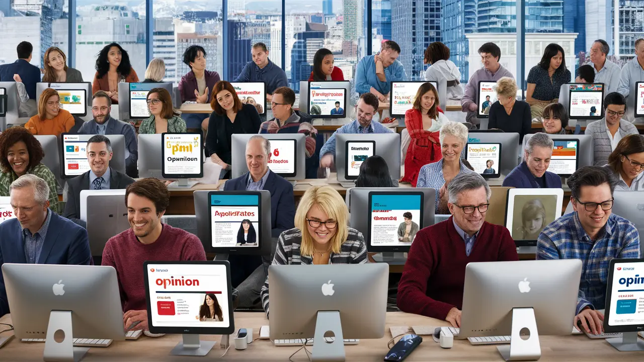 Pessoas de várias idades e gêneros em computadores em um escritório moderno, visualizando sites de opinião na tela.