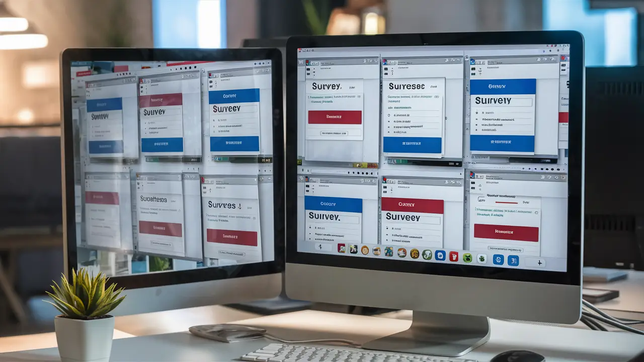 Tela de computador com várias abas de sites de pesquisa abertos em um escritório moderno com planta em vaso pequeno.