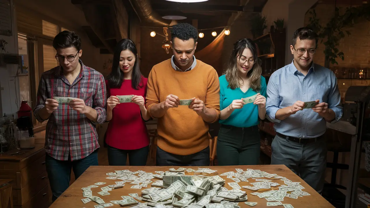 Grupo de cinco pessoas segurando notas de dinheiro em um ambiente doméstico com moedas douradas na mesa.