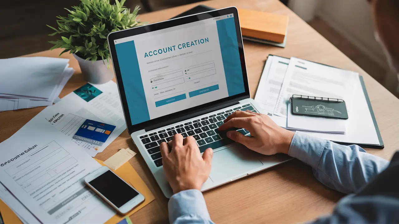 Pessoa usando laptop em mesa com formulários de criação de conta e pagamento, documentos, smartphone e cartão de crédito.