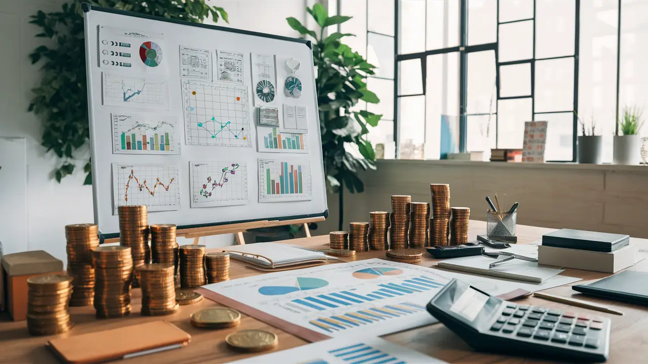 Quadro branco com gráficos e pilhas de moedas douradas em uma mesa de escritório organizada.