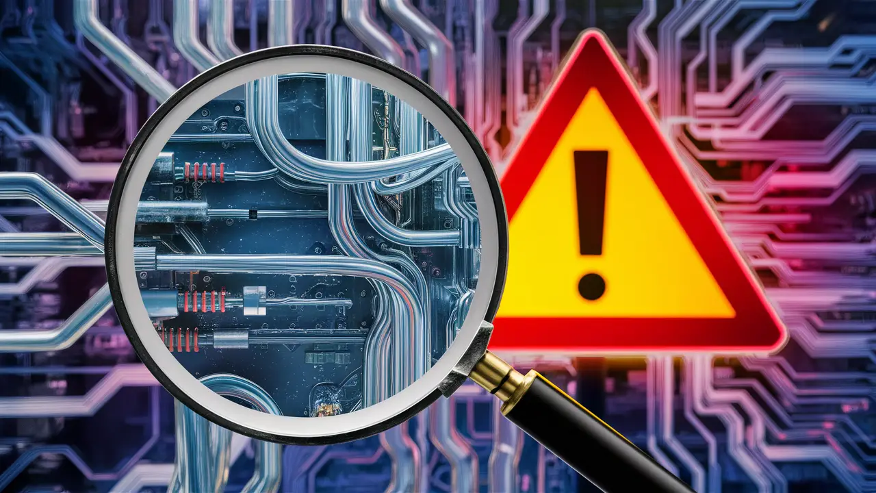 Uma lupa grande focando em fios e circuitos digitais complexos com um sinal de alerta vermelho ao fundo.
