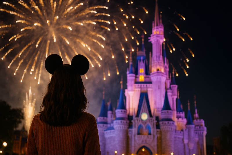Imagem de uma mulher vendo fogos de artificio e um castelo de princesas disney