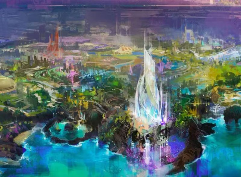 Imagem digital de um resort temático da Disney em Abu Dhabi na Ilha Yas, com arquitetura moderna e toques futuristas, rodeado por águas cristalinas e áreas de lazer iluminadas ao entardecer 