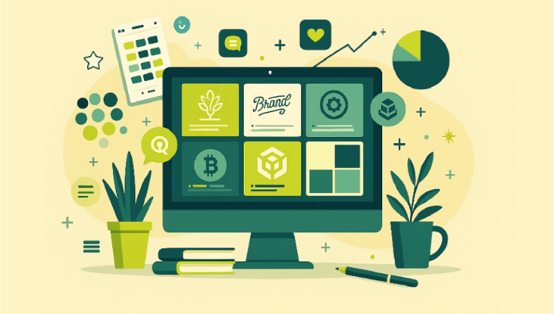Ilustração digital com tela de computador exibindo posts em formato 1080x1440, ícones flutuantes e elementos visuais em verde petróleo e amarelo lima.