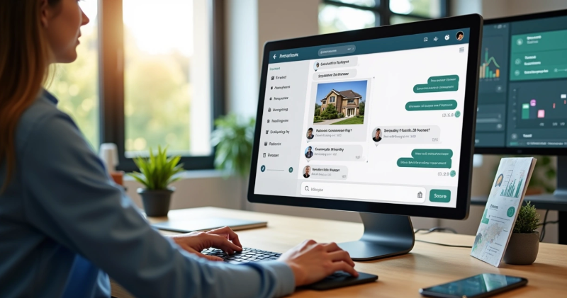 Interface de chatbot imobiliário atendendo cliente em tela de laptop com gráficos de vendas ao fundo 
