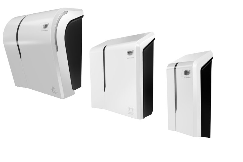 Equipamentos de higiene profissional como dispensers e dosadores em ambiente limpo e organizado 