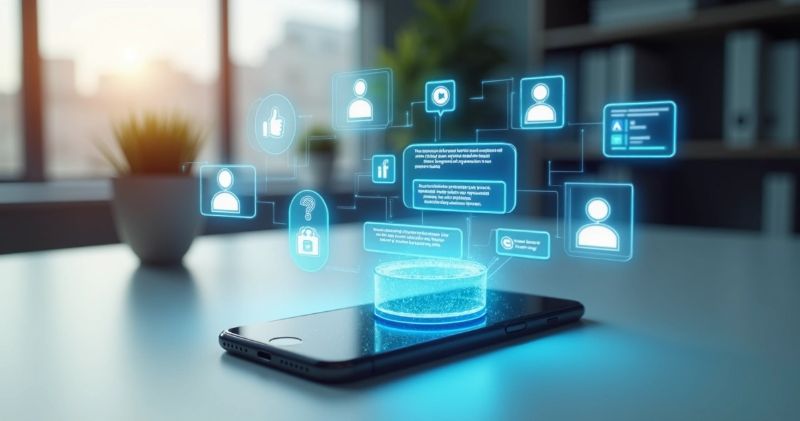 Tela de smartphone mostrando chatbot interagindo em aplicativo de rede social com ícones digitais ao redor 