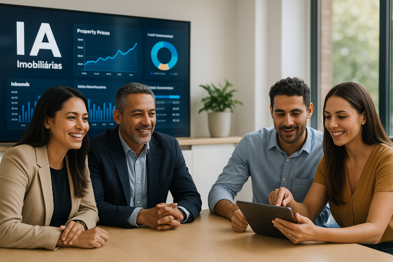 Assistente virtual em laptop exibindo interface de inteligência artificial para imobiliárias, com gráficos e chat ativo 