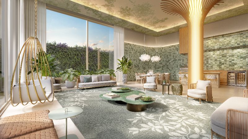Sala de estar ampla com decoração de luxo e varanda com vista para prédios altos em São Paulo 