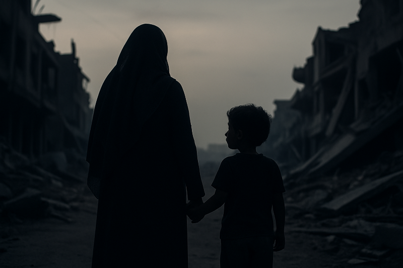 Mãe e filho caminhando pelos escombros de gaza à noite