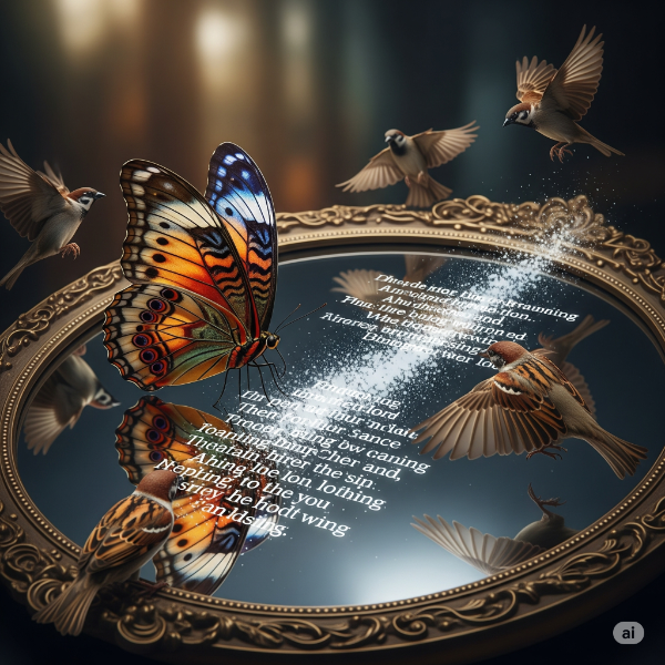 Borboleta, pardais e poemas se encontram em um espelho, em uma jornada poética surreal.