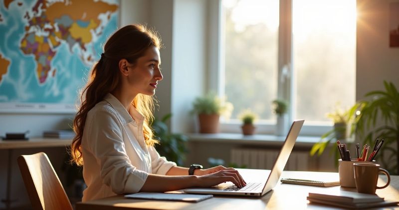 Pessoa trabalhando em agência de viagens online em home office, com laptop, cadernos, e mapas ao fundo 