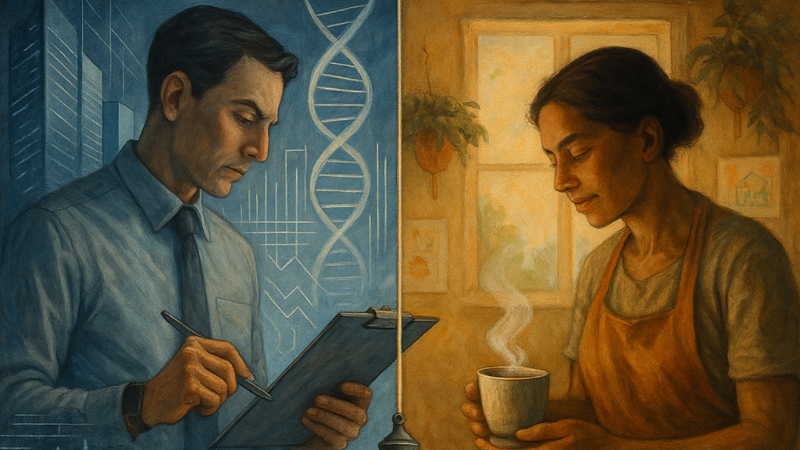 Ilustração em díptico confronta “aquele que controla”—cidade, dados, DNA—e “aquele que cuida”—chá, pão, afeto. Um prumo separa técnica e acolhimento, convidando à reflexão.