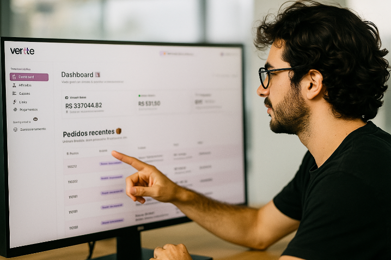 Tela de computador mostrando plataforma de gestão de afiliados e influencers com dashboards de desempenho e gráficos detalhados 