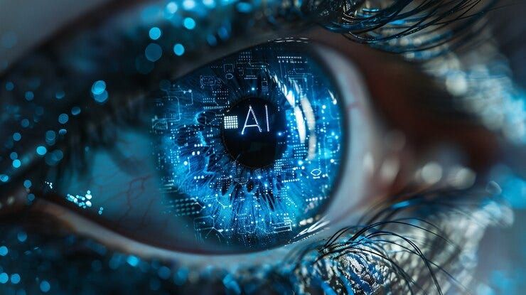 Assistente digital operando em ambiente corporativo com telas de dados, colaboração humana e inteligência artificial integrada 