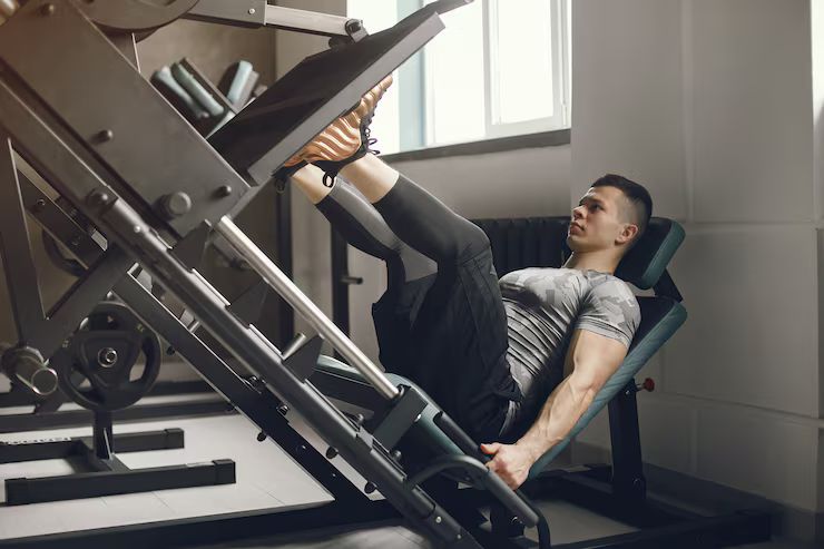 Três tipos diferentes de aparelhos leg press em uma academia moderna, com iluminação clara e ambiente profissional 
