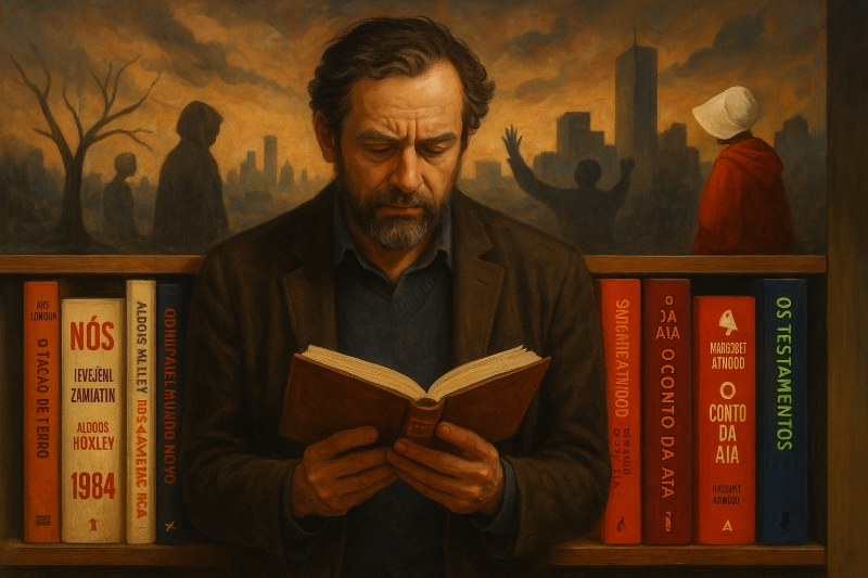 Homem lê diante de livros distópicos; ao fundo, sombras e ruínas evocam a pergunta: que distopias nascem de nossas utopias?