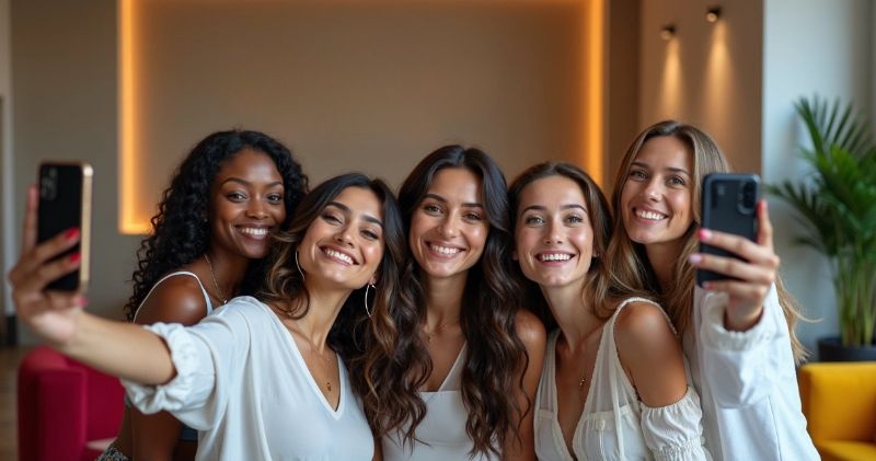 Cinco mulheres sorrindo tiram selfie em clínica estética moderna, com letreiro iluminado ao fundo e texto “7 Tendências para o Marketing de Clínicas Estéticas em 2025