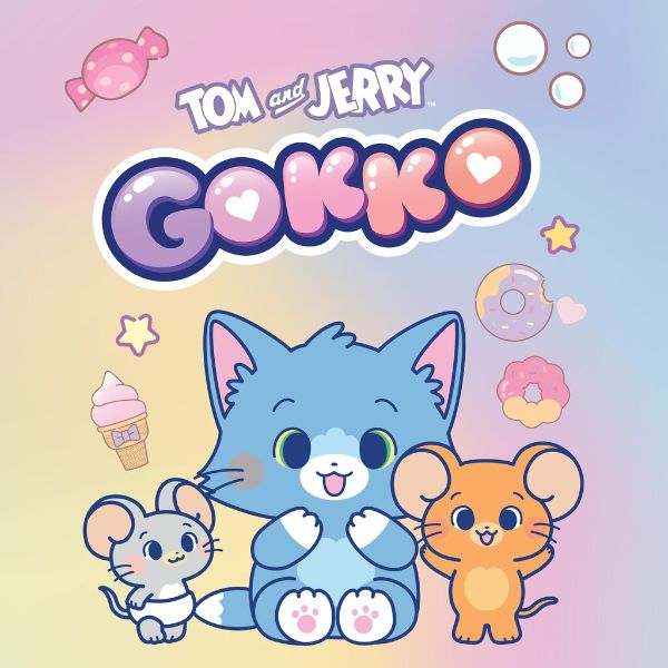Ilustração flat dos personagens Tom, Jerry, Tuffy e Spike no estilo kawaii, cores vibrantes e traços suaves 