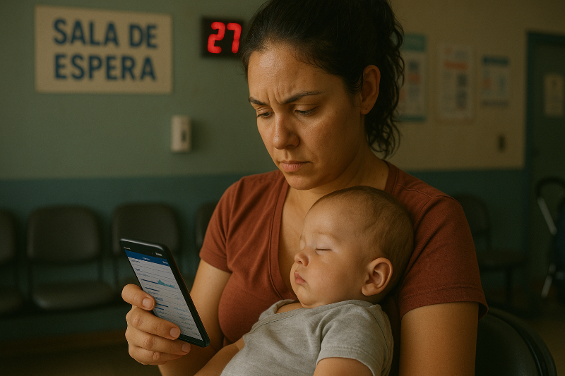 Mãe com crinça no colo, na sala de espera do posto d saúde