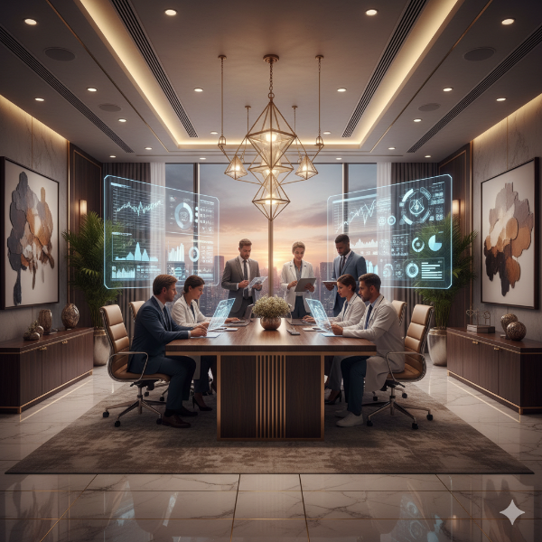 Ambiente corporativo moderno, equipe de médicos e técnicos de segurança revisando relatórios de saúde ocupacional, iluminação sofisticada, estilo luxuoso