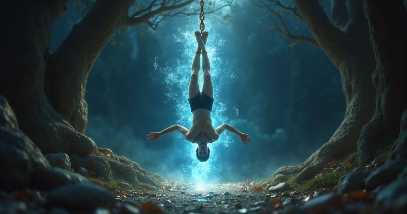 The Hanged Man tarot card depicting a man hanging upside down by one foot with serene expression, surrounded by symbolic colors and elements 