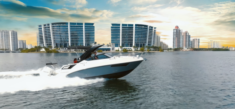 Premium Granfort boat docked at Melbourne FL marina with modern Italian design and clear water 