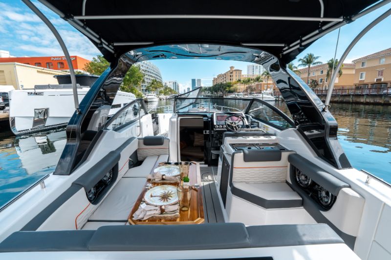 Granfort 370 GTX boat cruising on clear blue ocean with sleek Italian design and modern navigation systems 