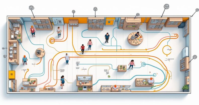 Mapa digital da jornada do cliente com ícones de loja, gráfico de desempenho e pessoas interagindo com dispositivos. 